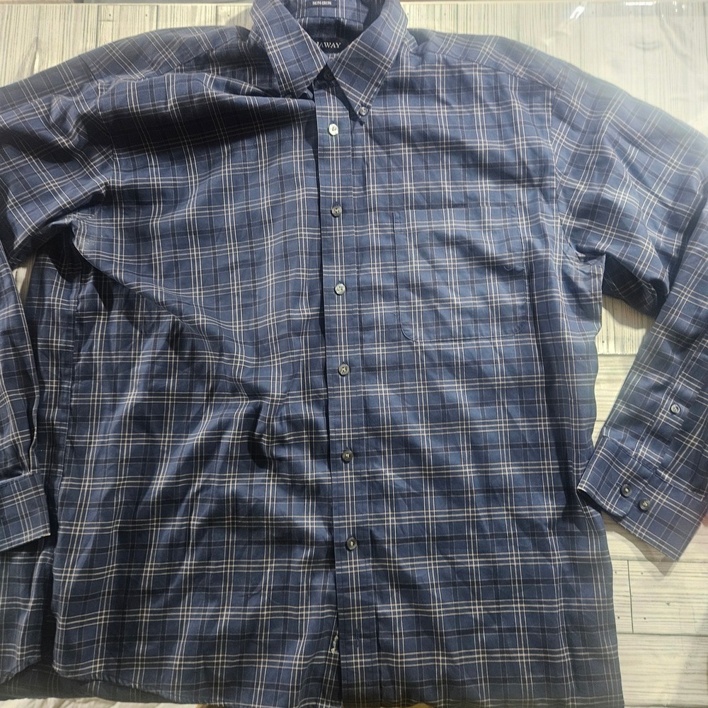 Hathaway Mens XL Non-Iron Button Down Shirt Navy Blue Plaid Cotton Long Sleeve